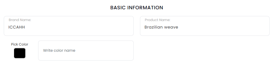 Form interface for entering products name and description